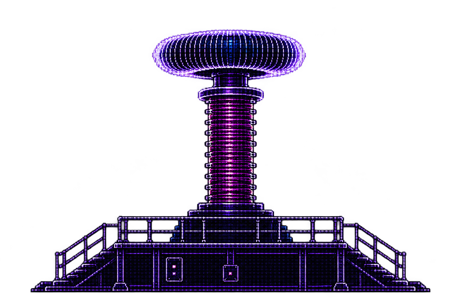 A luminous Tesla coil mounted on a railed laboratory platform